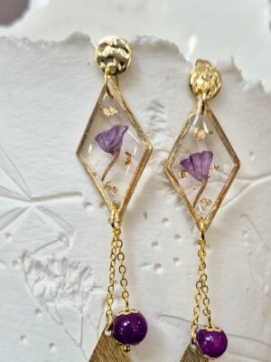 Boucles résine fleurs pressées, perles en verre, sequins en acier