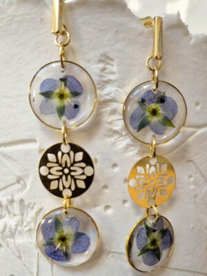 Boucles résine fleurs pressées, pendentifs en acier