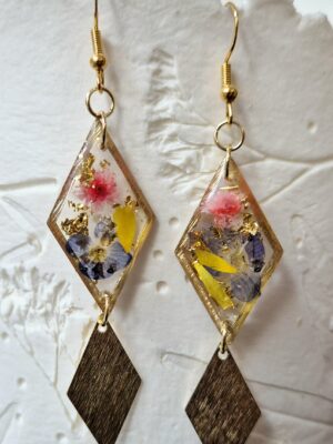 Boucles en résine, fleurs pressées et sequins en acier