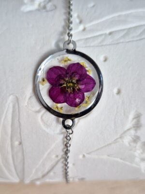 Bracelet acier inoxydable, résine, fleurs pressées