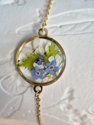 Bracelet acier inoxydable, résine, fleurs pressées
