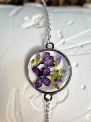 Bracelet acier inoxydable, résine, fleurs pressées