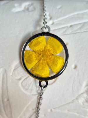Bracelet acier inoxydable, résine, fleurs pressées