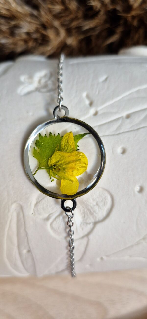 Bracelet acier inoxydable, résine, fleurs pressées